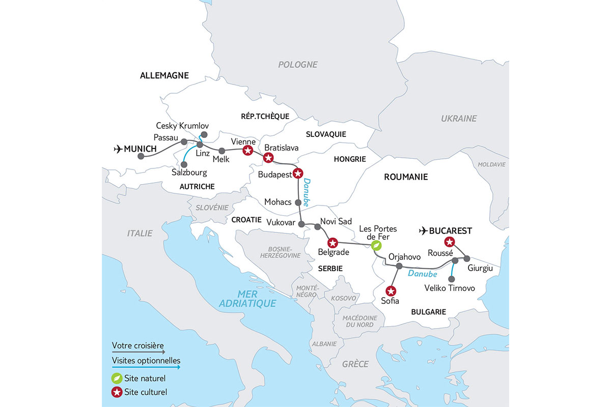 Allemagne - Autriche - Bulgarie - Croatie - Hongrie - République Tchèque - Roumanie - Serbie - Slovaquie - Croisière sur le Danube - Sens Bucarest | Munich - Départs 2025