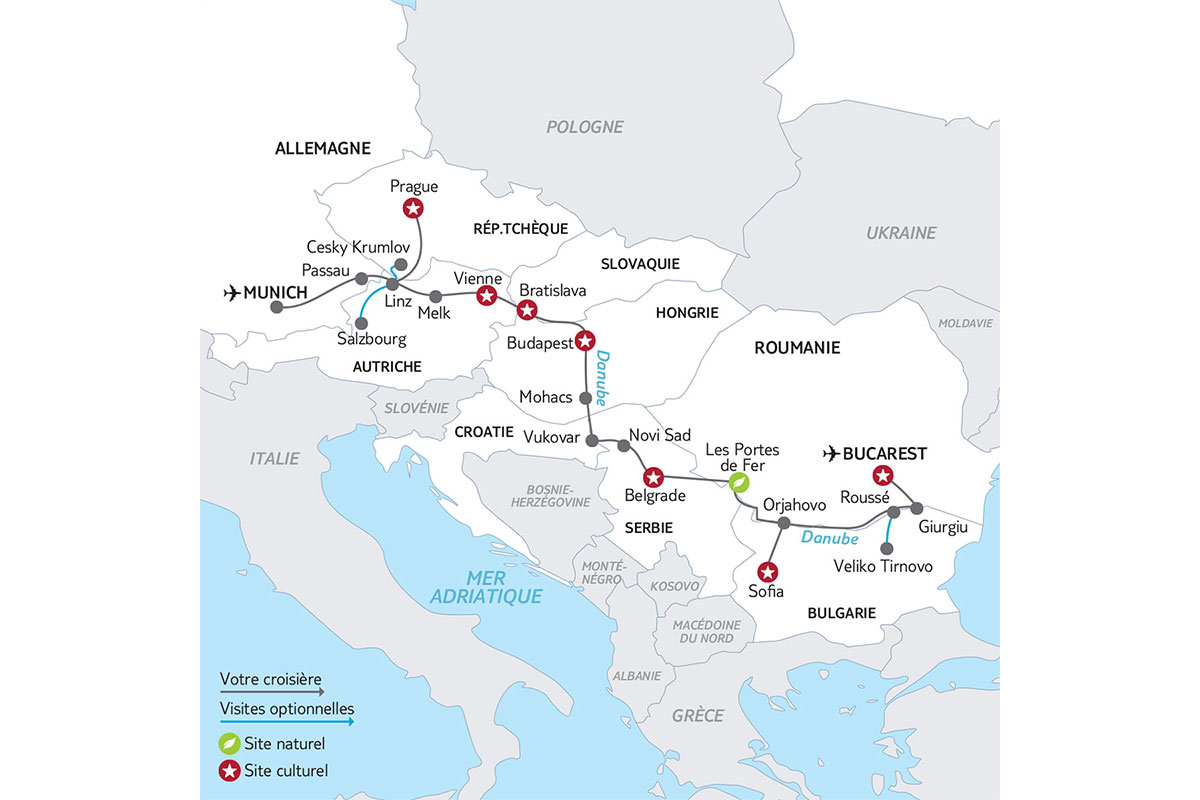 Allemagne - Autriche - Bulgarie - Croatie - Hongrie - République Tchèque - Roumanie - Serbie - Slovaquie - Croisière sur le Danube - Sens Bucarest | Munich - Départs 2024