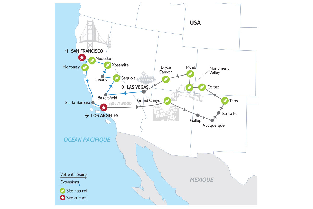 Etats-Unis - Ouest Américain - Road Trip Californie et Nouveau-Mexique - Itinéraire Sensation + Extension côte Nord/Sud